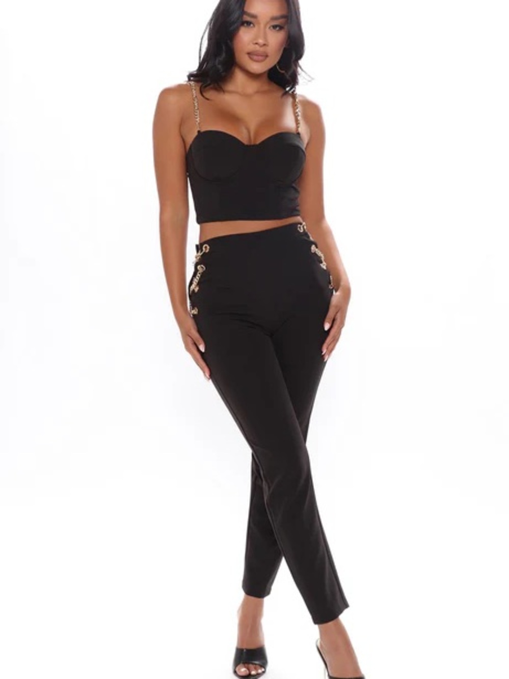 Fashion Nova Black High-Waist Skinny Pants and Top with Gold Chain Detail
